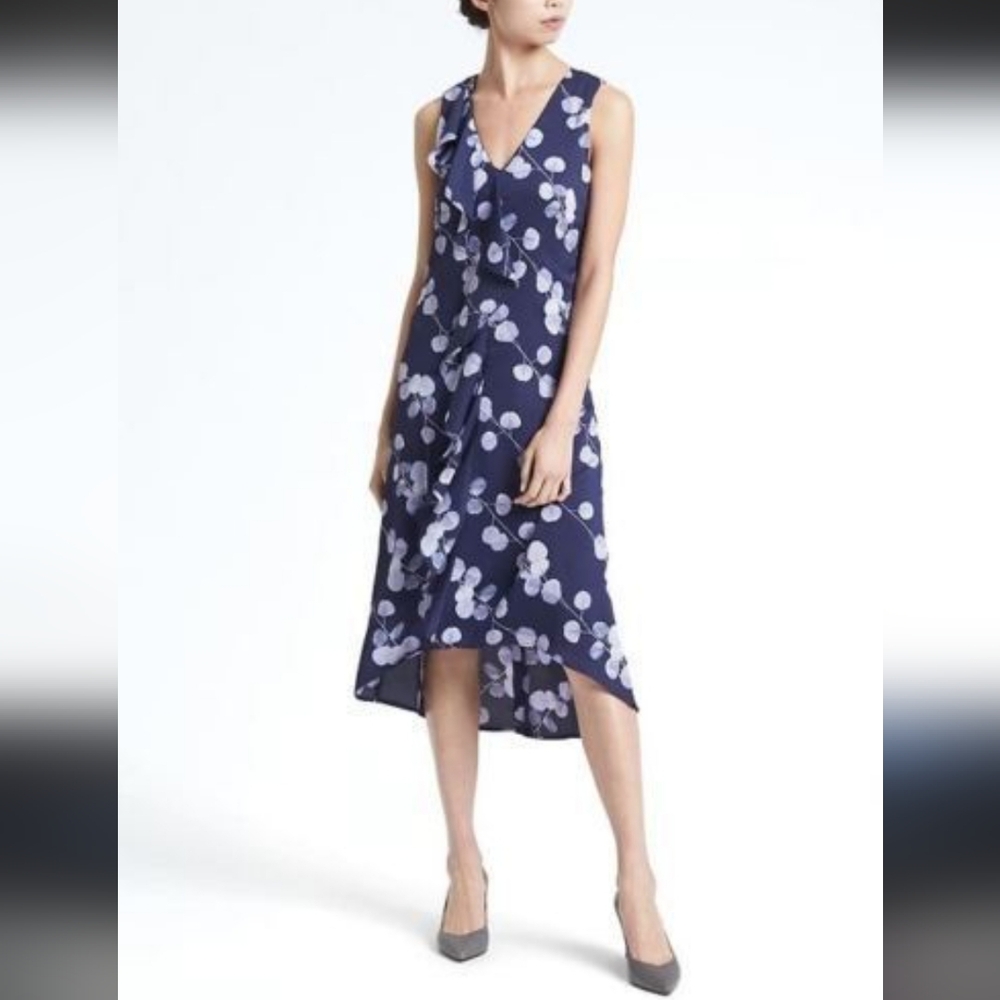 NWT Banana Republic Blue Floral Cascade Ruffle Midi Shift Dress Size 00 Petite